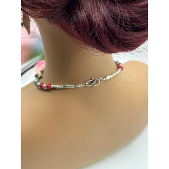 Tibetan Turquoise Coral Jewelry Set • Necklace Bracelet Earrings • Boho Artisan - Picture 3 of 6